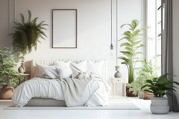modern bedroom design space, bright and airy colors, indoor greenery (Generative AI)