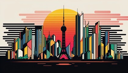Flat line design Tokyo skyline. Generative AI