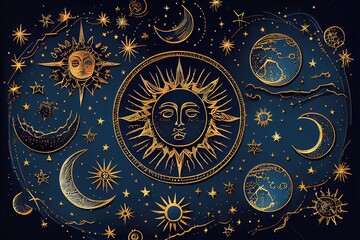 Obraz premium Drawing of golden stars, moon, planets, constellations on a blue background, mystical. drawing for tarot cards, fantasy magic space. Generative AI