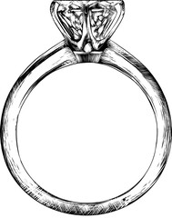 PNG engraved style illustration for posters, decoration and print. Hand drawn sketch of engagement ring in monochrome isolated on white background. Detailed vintage woodcut style drawing.   © AkimD