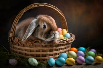 Little easter bunny in a basket with a set of festive colors of easter eggs, happy easter on a natural background. ai generated.