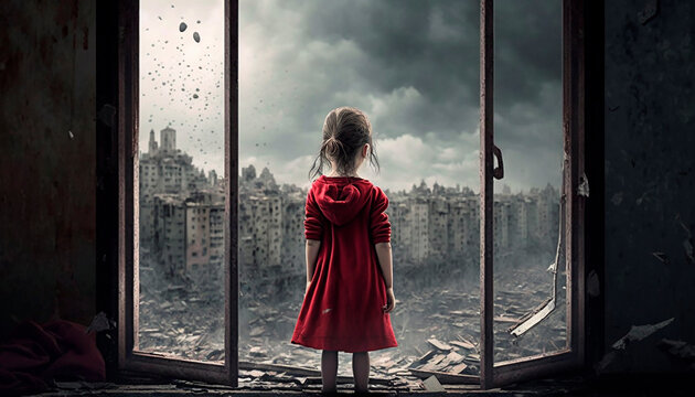 Photorealistic picture of destroyed city, war, view from open window, back of small child wearing red dress, sad and true concept of war, generative ai