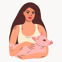 young woman has a pig in her hands. Vector illustration.