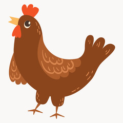 Chickens set vector illustration in Color. Brown and white Hen and Rooster. Male and female chickens set