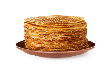 Pancakes or Blinis are Ukrainian, Russian and Belarusian national dish.. Blinis Big Stack of delicious pancakes on brown plate. National cuisine