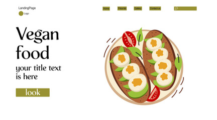 Vegan food website background. Isolated fruit and vegetable salad plate icon. Avocado toast with fresh slices of ripe avocado, eggs, seasoning and dill, tomato.