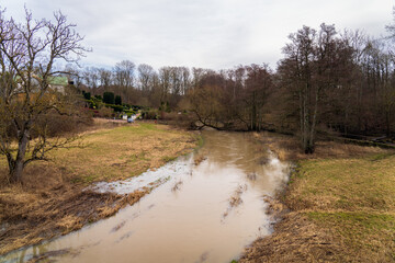 Raa river nature reserve in Raus, Helsingborg, Sweden. Captured day after storm Otto 18 Feb 2023. Flooded river.