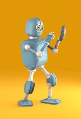 Retro robot stand and reads smartphone. New technologies and progress. 3d render.