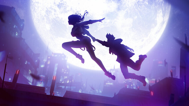 Silhouette with a beautiful girl, she fearlessly jumps in weightlessness and pulls her beloved boyfriend with her, against the backdrop of a beautiful cyber punk city and a full moon. 2d anime art