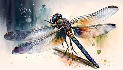 dragonfly drawing, watercolor, generative ai - obrazy, fototapety, plakaty