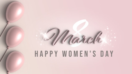 March 8, International Women's Day card. Banner with pink balloon, pastel colours background, 3d. 