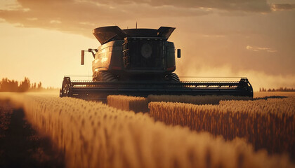 Fototapeta premium combine harvester collects wheat in the field. Generative AI