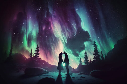 The aurora borealis, a couple kissing silhouette, cold winter at night, travel photography