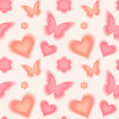 Trendy seamless pattern with y2k blurred gradient daisy flower, hearts and butterflies. Pastel color background.