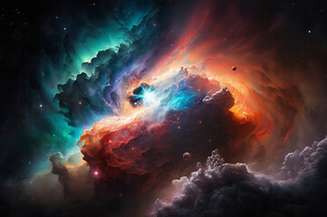 Naklejka na ściany i meble Nebula and galaxies in space. Abstract cosmos background. Shiny stars and heavy clouds.