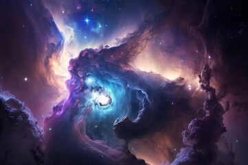 Nebula and galaxies in space. Abstract cosmos background.  Shiny stars and heavy clouds.