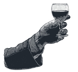 Male hand with a glass of wine. Male hand holding a shot of alcohol drink. hand drawn design element. engraving style, png