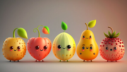 cartoon fruits on a light background. Generative AI