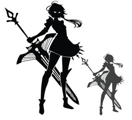 A long-legged and graceful knight girl in a coat with spikes, short hair with a tail and a huge magical musical sword that looks like a harp because of the strings. 2d anime art - obrazy, fototapety, plakaty