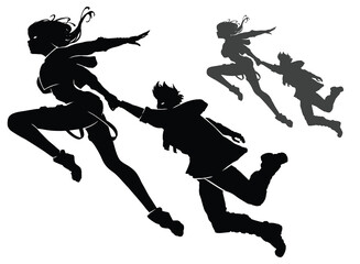 Silhouette with a beautiful Sci-fi girl in anime style, she fearlessly jumps in weightlessness and pulls her beloved boyfriend with her into the future. 2d anime art