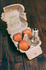 A cardboard egg container has three eggs and an inverted tungsten light bulb inside