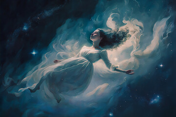 Fototapeta na wymiar A woman floats in the sky, surrounded by a field of stars. The illustration represents freedom and unlimited possibilities. Fantasy style, soft pastel colors. Generative AI