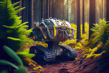 Robot forester living in the forest and planting the trees. Environment conservation and technology concept. Generative AI