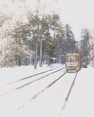 Winter landscape with forest and train.