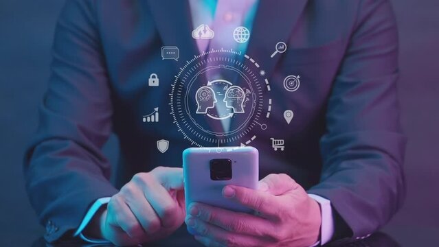AI artificial intelligence icon and globe hologram above smartphone. Machine learning concept, big data, science, innovation technology, cloud computing, futuristic, internet network communication