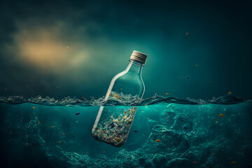 A white plastic bottle floating in a dark ocean filled with garbage. Representative image of the devastating impact of plastic waste on the environment. Generative AI