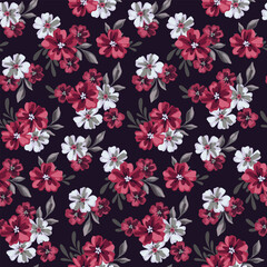 Seamless floral pattern, vintage ditsy print in dark colors. Beautiful botanical design with small hand drawn plants: cute flowers, leaves in bouquets on a black background. Vector illustration.