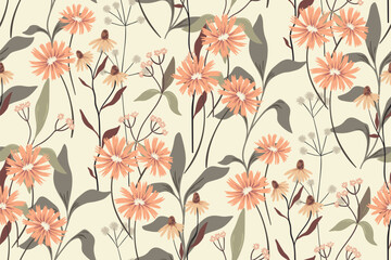 Seamless floral pattern with wild botany in light delicate colors. Beautiful botanical print design with hand drawn plants: wildflowers, small flowers branches, leaves, herbs. Vector illustration.