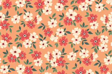 Seamless floral pattern, delicate ditsy print with vintage motif. Romantic botanical design with small hand drawn plants: flowers, leaves on a peach background. Vector illustration.