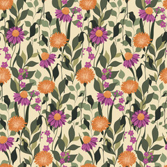 Seamless floral pattern, elegant flower print with retro motif. Beautiful botanical design with hand drawn wild plants: large flowers, herbs, leaves on a light field. Vector illustration.