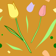Tulips, leaves and flowers seamless pattern on the orange backround