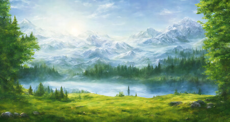 photorealistic landscape mountain with a snowy peak meadow and trees