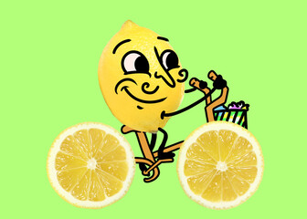 Creative artwork. Happy lemon riding bike made of citrus slices. Fruit with drawings on light green...