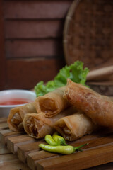 Selective focus on the lumpia or lunpia is a typical snack from Java in Indonesia, in English it is often called spring rolls, soft focus
