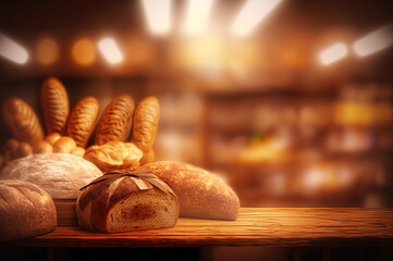 Bakery background with a blurry effect and freshly baked bread on table at the foreground. Generative AI. 