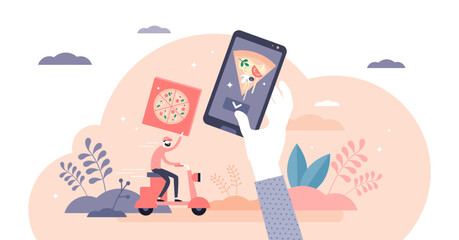 Home food delivery service concept, flat tiny person illustration, transparent background. Online mobile app pizza ordering from local restaurant. Catering industry crisis strategy and adapting.