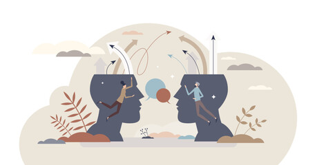 Arguing in conflict discussion about different opinions tiny person concept, transparent background. Dispute and confrontation with negative talking arguments illustration.