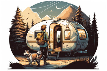 Illustration of travel person with dog in the mountains hiking. Traveling with a pet. Backpacker man exploring nature. Generative AI.