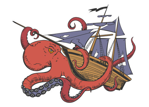 An angry kraken is attacking a commercial sailboat. The octopus wraps its tentacles around the sailboat and pulls it to the bottom. Vector image of a monster for logo and t-shirt or mascot print.