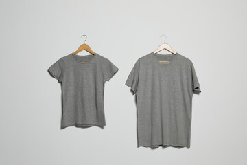 Hangers with different t-shirts on light wall. Mockup for design