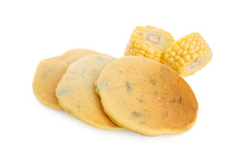 Tasty corn pancakes with cobs on white background