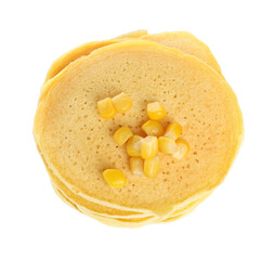 Stack of tasty corn pancakes with sweet kernels isolated on white, top view