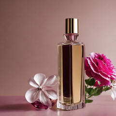 Perfume bottle with pink rose and white flower. Generative AI