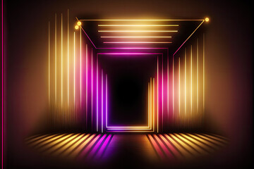 Neon light background: glowing lines, tunnel, neon lights, virtual reality, square portal, arch, pink blue orange vibrant colors, laser show. Generative AI illustration.
