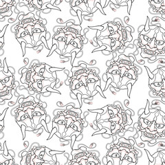 Hannya Mask Japanese Tattoo Seamless Pattern. Hand Drawn Seamless Pattern. Oni mask