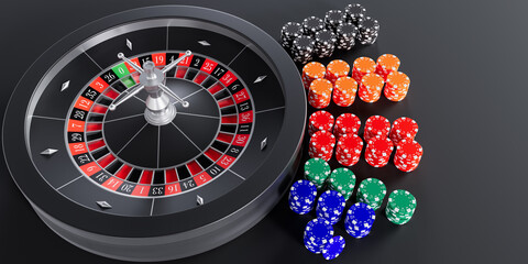 3d rendering - Casino roulette with chips - obrazy, fototapety, plakaty